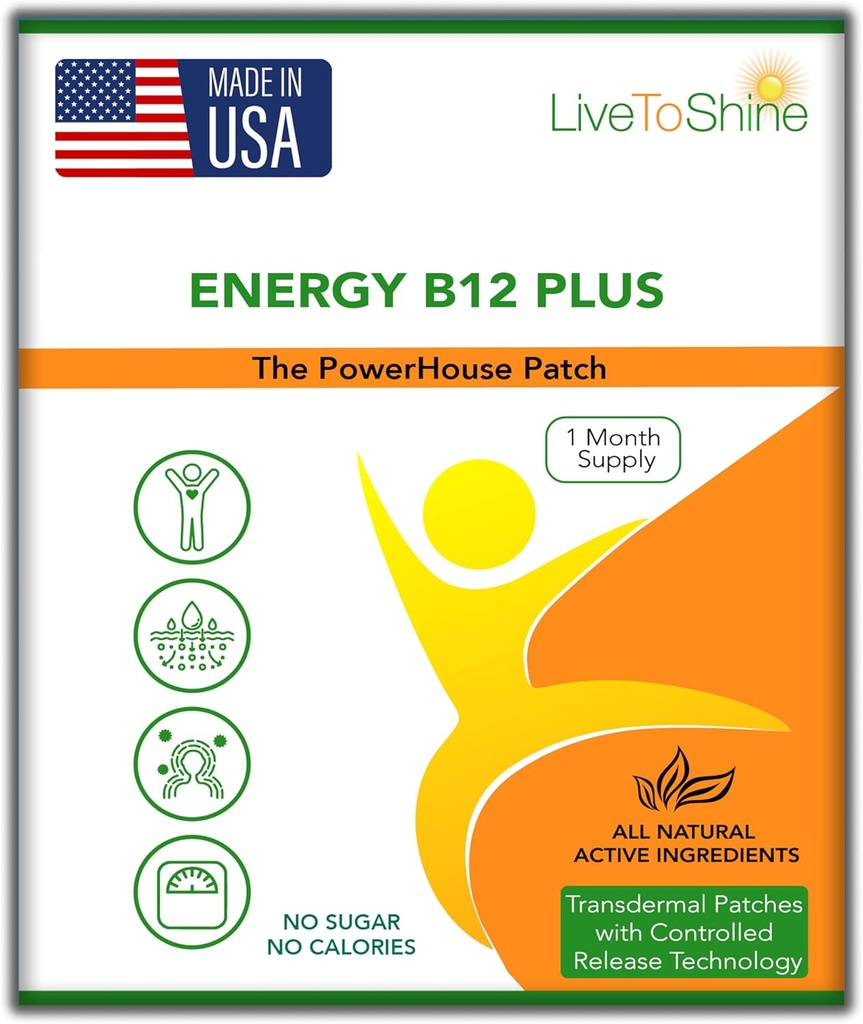 Live To Shine B12 Energy Plus Topical Patch - Podpora energie a zaměření pro ženy a muže - 30denní dodávky - USA Made