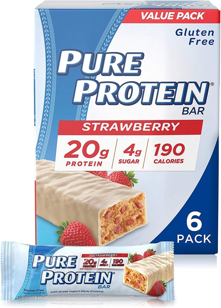 Čisté proteinové tyčinky, vysoký protein, výživné snacks na podporu energie, nízký cukr, gluten zdarma, jahodový řecký jogurt, 1.76oz, 6 balení