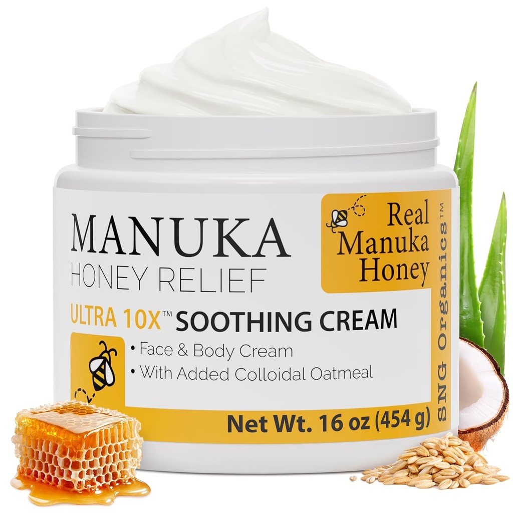 Super přírodní zboží Manuka Honey Cream (16oz) - Hydratační krém pro všechny typy pleti vhodné pro děti a dospělé 124; Moisturization Body Cream with Real Manuka Honey Aloe Vera Juice a kakaové máslo