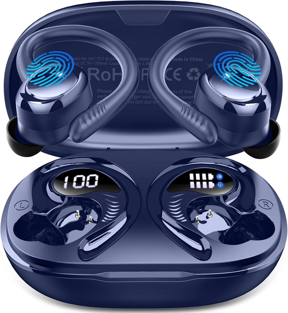 Bezdrátové sluchátka Sport, 2025 Bluetooth 5.4 Sluchátka s háčky, 50H Stereo Deep Bass Over Uar Buds s 4 ENC Hluk Zrušení Mics, IP7 Vodotěsné sluchátka pro běh cvičení Gym -Blue