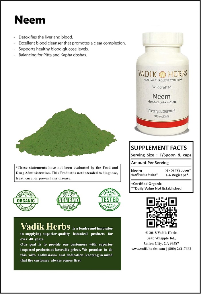 Certified Organic Vadik Herbs Neem (Azadirachta Indica) Powder 1lb. Balení 124; Výborný čistič krve, Podporuje zdravé hladiny glukózy v krvi, Balancing pro Pitta a Kapha Doshas