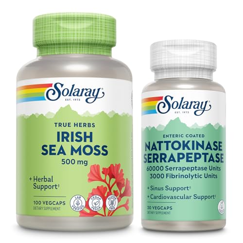 SOLARAY Irish Sea Moss 500mg a Nattokináza Serrapeptáza Dodatek - Wellness Bundle s přirozeně se objevující vitaminy, minerály - Gut Health, Sinus, Heart Health Support, 60- Day Garance, 100 / 30ct
