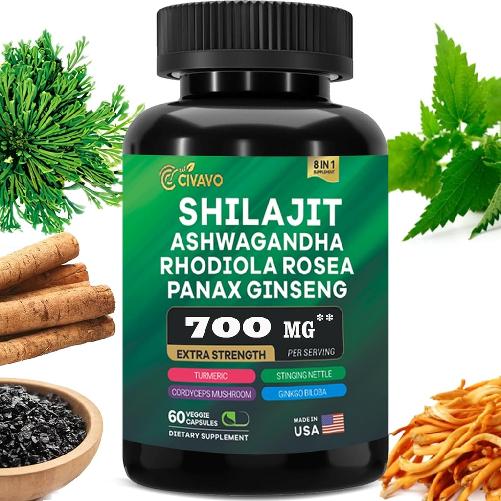 Shilajit Pure Himalayan 9000MG, Ashwagandha 2000MG, Rhodiola Rosea 1000MG, Panax Ginseng 1500MG, Turmeric 500MG, Gingko Biloba 500MG, StingNettle 250MG, Cordyceps Mushroom 500MG