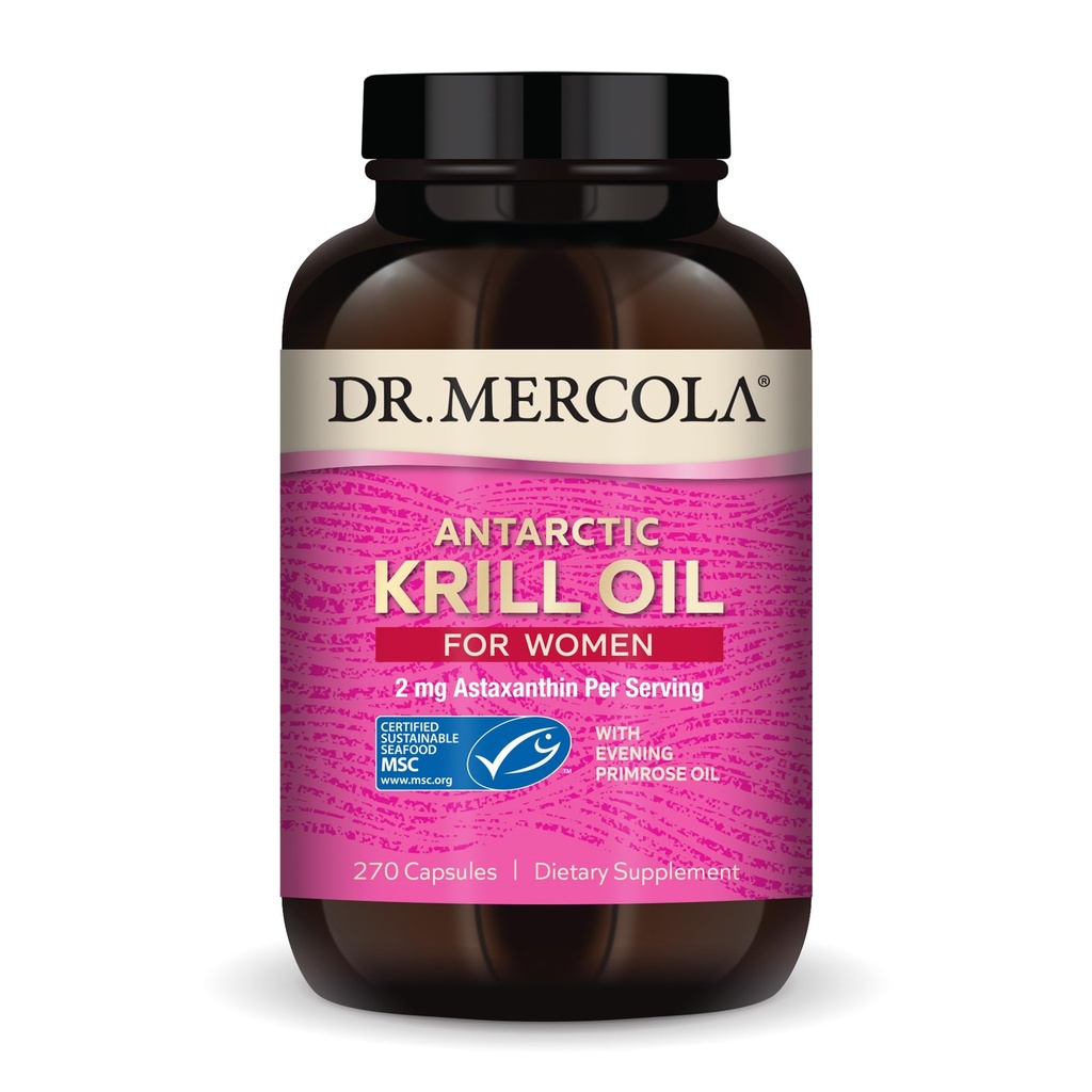 Dr. Mercola Krill Oil pro ženy - 2 mg Astaxanthin - MSC Certified Udržitelný - Podporuje Brain, Skin & Imunitary Systems - with Omega-3s - Non- GMO, Gluten- Free & Soy- 270 Kapsle (30 Služeb)