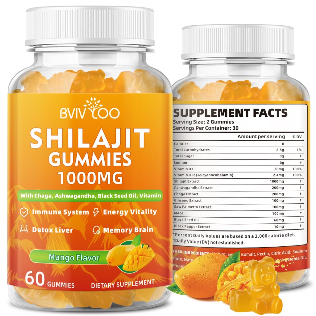 Shilajit Gummies 1000mg Sugar Free - Shilajit dodatek pro muže a ženy - Vysoká v 85 + Trace Minerály & Fulvic Acid - Energy, Brain, Imunity - 60 Gummies