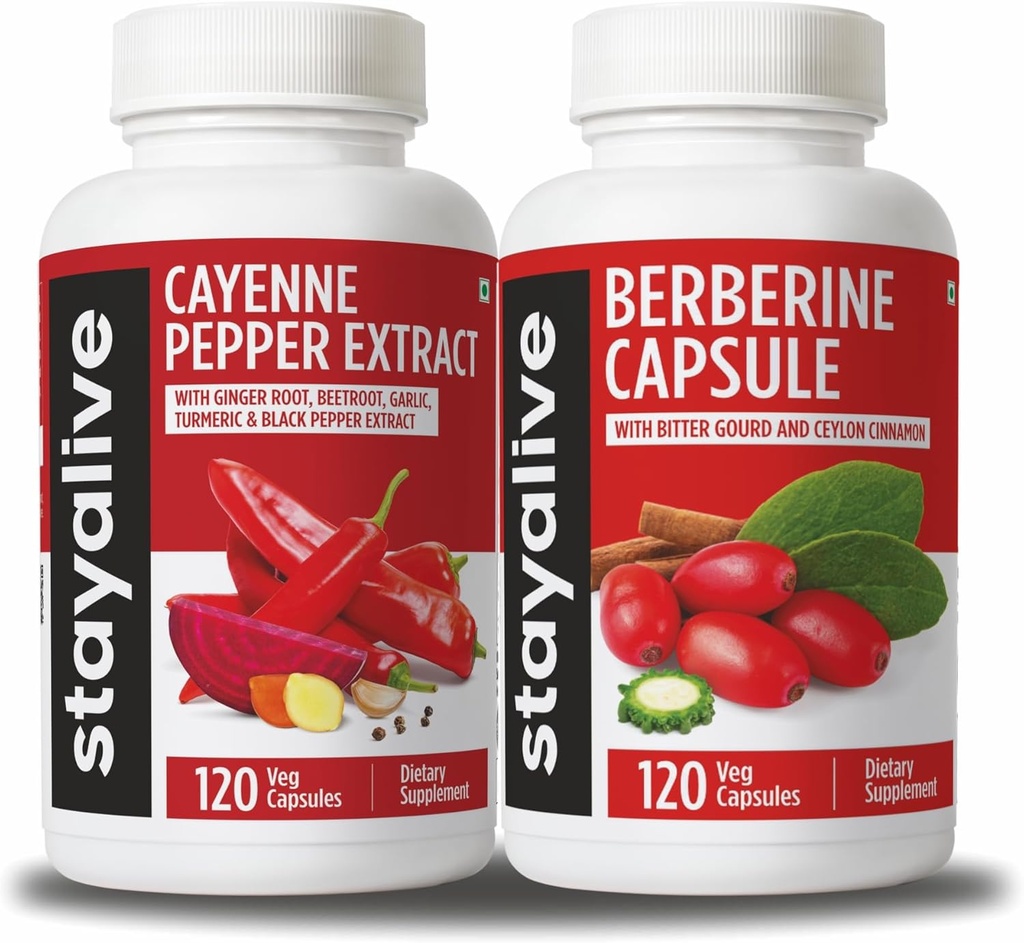 STAY ALIVE Cayenne a Berberine Bundle s Ceylon Skořice a hořké Gourd Extract, 240 Vegan pilulky, Non-GMO & gluten Free Berberine Cayenne Pepper Dodatek