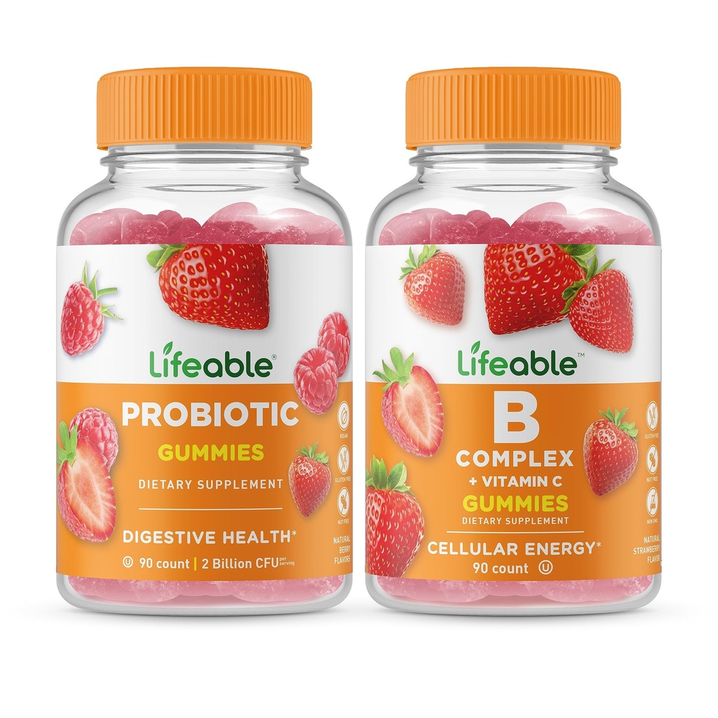 Lifeable Probiotic 2 miliardy CFU + B Complex, Gummies Bundle - Great Ochutnávka, Vitamin dodatek, gluten zdarma, GMO zdarma, Žvýkací žlab