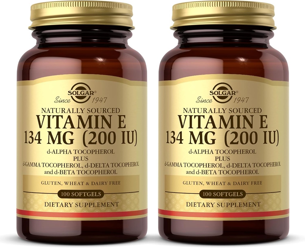 SOLGAR Vitamin E 200 IU - 100 Softgels, Balení 2 ks - Přírodní antioxidant, Podpora imunitního systému - Bezlepkové, mléčné služby - 200 Celkem