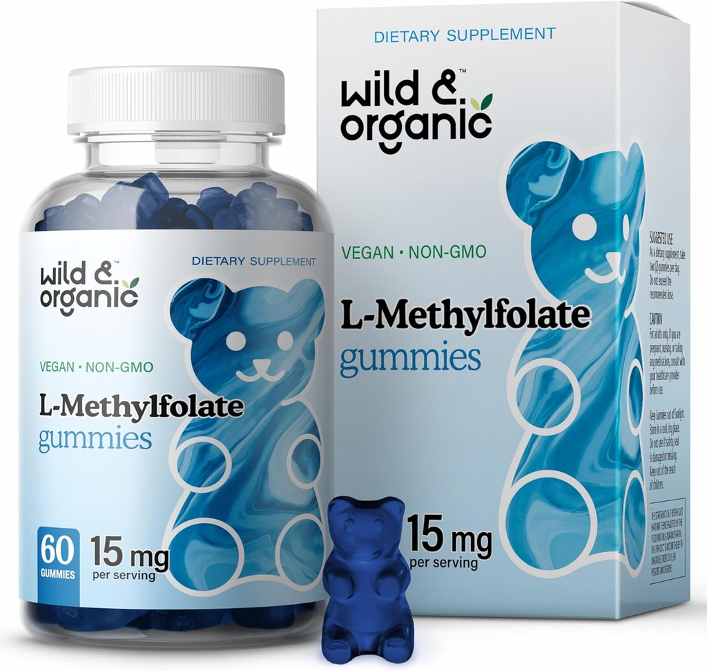 Wild & Organic L-Methylfolát 15mg Gummies - Mood & Brain Support - Folate 5-MTHF Supplemente for Brain, Focus, Clarity - Folate Supplemente w / Vitamin B9-60 Non- GMO L Methylfolátové gumy