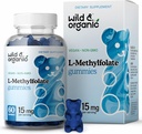 Wild & Organic L-Methylfolát 15mg Gummies - Mood & Brain Support - Folate 5-MTHF Supplemente for Brain, Focus, Clarity - Folate Supplemente w / Vitamin B9-60 Non- GMO L Methylfolátové gumy