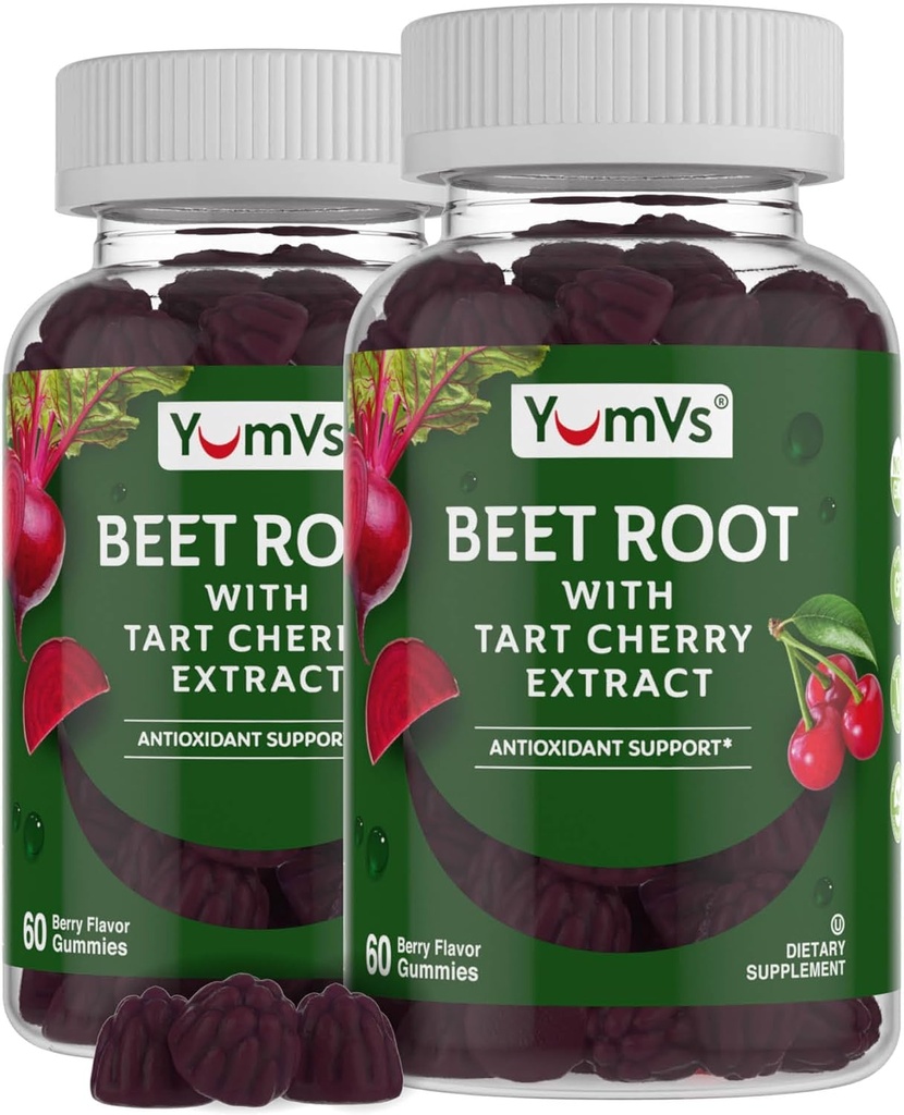YUM-V 's Beet Root Gummies with Tart Cherry Extract - Berry Flavor Beetroot Gummies - Beet Chews for Blood Circulation and Antioxidant Support - Red Beets Gummies Berry 60 Count (Pack of 2)