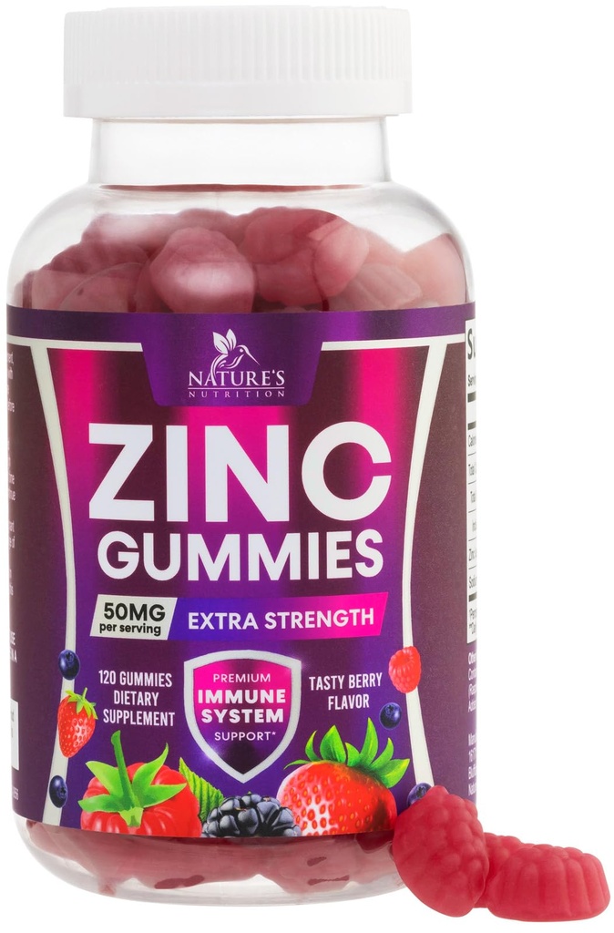 Zinek Gummies 50mg - Kostní kůže a imunitní podpora zdraví Gummy & Premium Antioxidant Žvýkací pro dospělé - Vysoká absorpční vegan, gluten Zinkový doplňky Vitamin - Chutné Berry Flavor - 120 Gummies