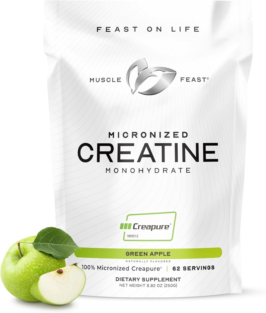 Svalová hostina Creapure - Mikronizovaná kreatin monohydrát prášek 124; Premium Pre- Workout nebo Post- Workout 124; Ochucené stvoření pro ženy & Muži 124; Snadno míchat, gluten- zdarma, bezpečné a čisté (zelené jablko, 250g)