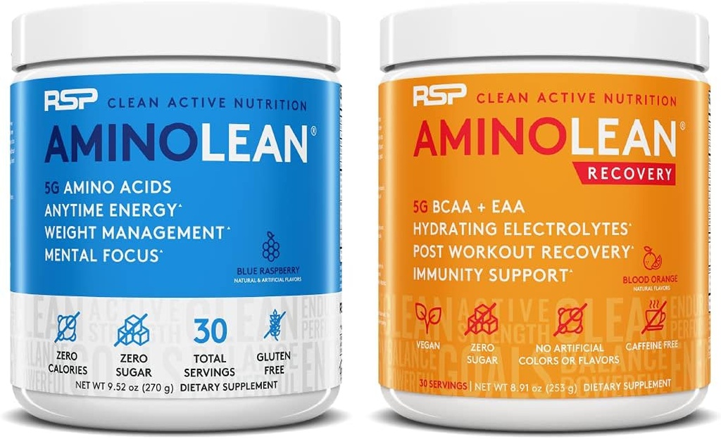 RSP NUTRION AminoLean Pre Workout Energy (Blue Raspberry 30 Servings) s AminoLean Recovery Post Workout Boost (Blood Orange 30 Servings)