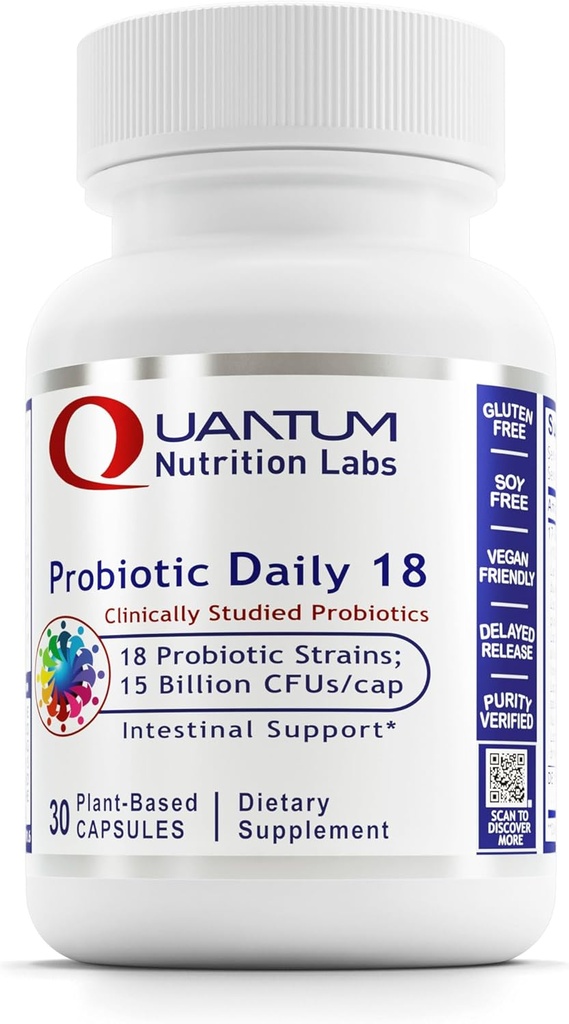 Quantum Nutrition Labs Probiotic Daily 18 - Probiotika pro dietetické zdraví, Probiotika pro ženy a muže s Lactobacillus Acidophilus, Reuteri pro zdravé Gut Microbiome - 30 Vegetariánské kapsle