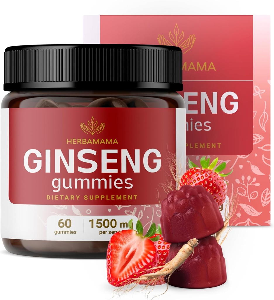 HERBAMAMA Panax Ginseng Gummies - 1500mg Korean Red Ginseng Root for Energy Support - Vegan, Non-GMO Red Panax Immunosupment Supplementary - 60 Pectin- based Jahodo- Ochucené Chews