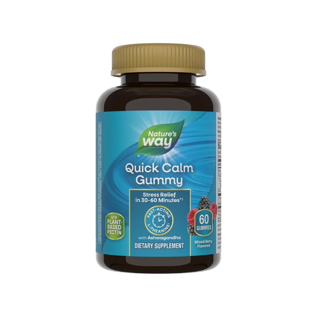 Nature 's Way Quick Calm Gummies, L-Theanine for Relaxation *, Fast-acting, Stress Relief from L-Theanine Within 30-60 minut *, with Ashwagandha, Vegetarian, Mixed Berry Flasured, 60 Gummies