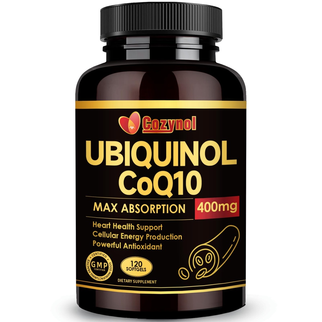 Ubiquinol CoQ10 400mg Softgels s vitaminem E & Omega-3, Max- Absorpční Koenzym Q10, Výkonný antioxidant, Podporuje srdeční zdraví & Energy- Production, 120 Počet, Non- GMO