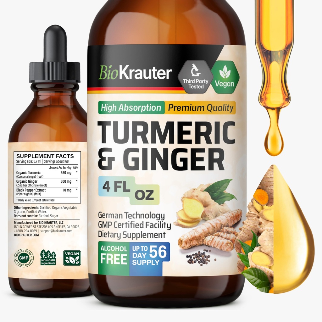 BIO KRAUTER ® Turmerický a zázvorový dodatek - Čistá veganská tekutá kurkuma a zázvorová tinktura s pepřem 4 Fl.Oz 56 dní dodávky - Kurkumin kapky pro společnou podporu, antioxidant a imunitní podpora