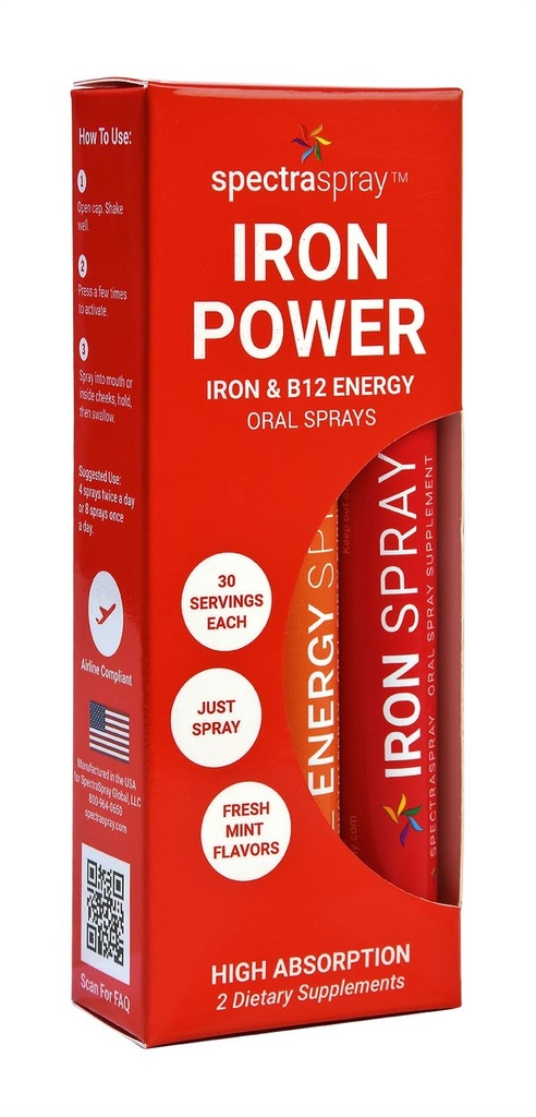 SpectraSpray Iron & B12 Vitamin Liquid Oral Spray Kit - Potravinová třída Železo jako esenciální denní Mineral a B12. Vegan, gluten zdarma a vysoce efektivní, 30 denní dodávka na sprej