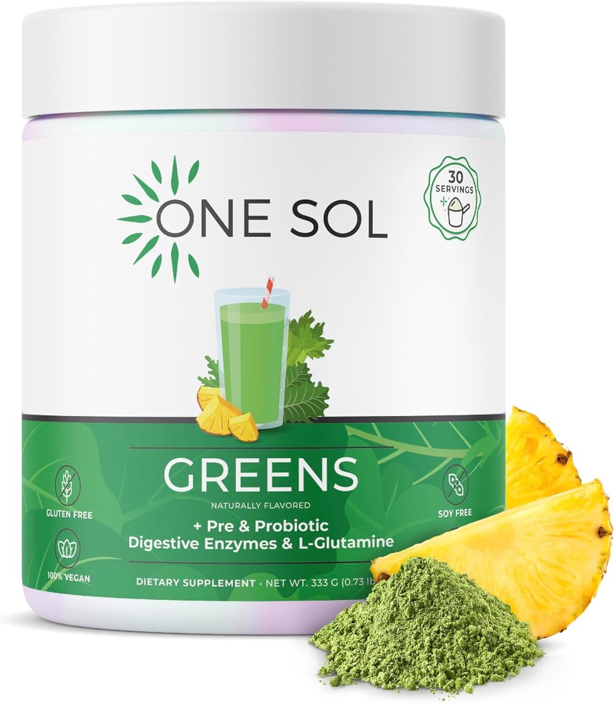 Jeden Sol Zelené, Super Zelené Powder na snížení Bloating & Zlepšit Gut zdraví, Superfood Fresh Bloom Organic Zelené Směs Juice & Smoothie Mix, Pre & Probiotic s trávicí enzymy, Vegan & Soy zdarma