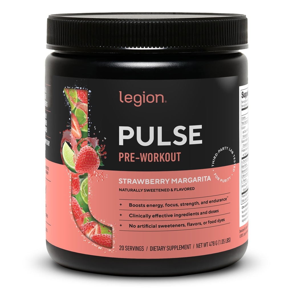 LEGION Pulse Pre Workout - Všechny přírodní oxid dusnatý Precvičení nápoj na zvýšení energie, Creatine Free, přirozeně slazené, Beta Alanin, Citruline, Alpha GPC (Strawberry Margarita)