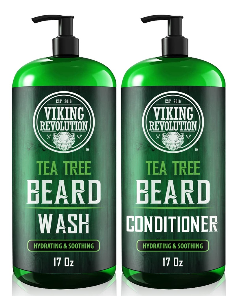 Viking Revolution Tea Tree Oil Beard Wash and Beard Conditioner for men - Natural Beard Softtener Set with Argan Oil, Vitamin E and Ginseng - Beard Shampool and Conditioner Set (17 Oz)