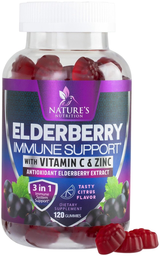 Imunitní Support Gummies with Elderberry Extract - Sambucus Elderberry Gummy with Zinek & Vitamin C, Natural Vegan Immunní Supplement pro dospělé a děti, Gummy Elder berry Vitamíny - 120 Gumy