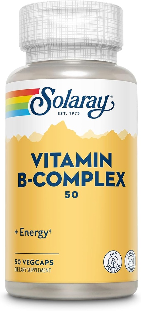 SOLARAY vitamin B Complex 50 mg - Vitaminy z buněčné energie - Metabolismus a nerv Zdravotní podpora s vitaminem B12, Vitamin B1, B6, Niacin, kyselina listová, Biotin a další B vitaminy - Vegan, 50 VegCaps
