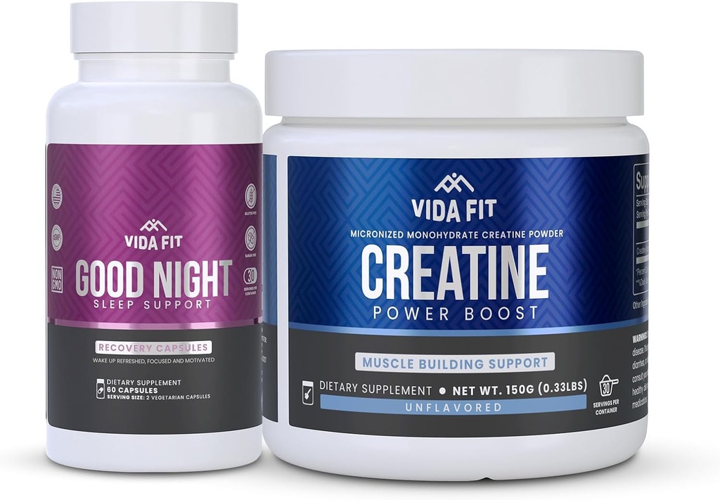Good Night Natural Sleep Aid (60 Kapsle) & Mikronizované Creatin Monohydrát Powder (150g) Bundle - Přírodní spánková podpora s melatonin, Ashwagandha & L-Theanine, Plus čisté Vegan Creatin pro vylepšení