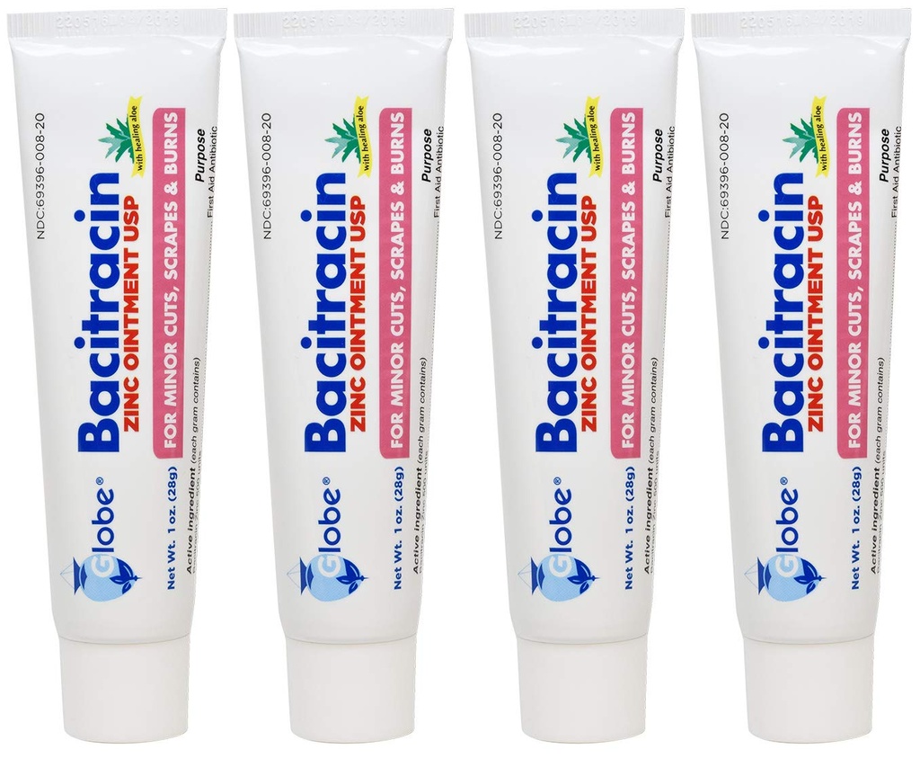 (4 Pack) Globe Bacitracin Zinkový Ointment + Aloe 1oz, Antibiotický Ointment, Základní antibiotický první pomoc Dodávky, Hojení Akce, Maximální antibiotická síla, Prevents Infekce v řezech, škrábance, Burns