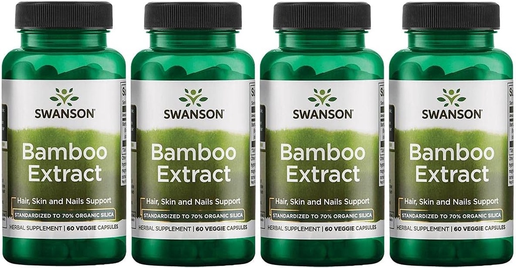 Swanson Bamboo Extract - přírodní vlasy, kůže a nehty dodatek - 70% Silica obsah podporující kolagen Formation & Bone Growth - (60 Veggie Kapsle, 300mg každý) 4 balení