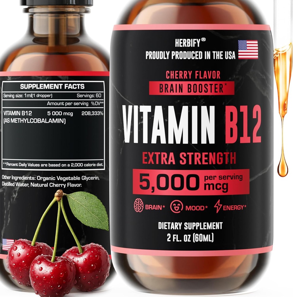 HERBIFIY vitamin B12 Methylované multivitaminové energetické doplňky pro ženy a muže - tekuté B12 vitaminy 5000 Mcg methylkobalamin - Energetická podpora a imunitní zdraví tekutý vitamin 2 Oz
