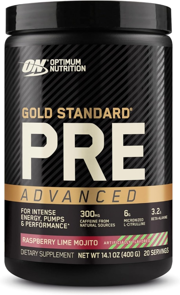 Optimum Nutrition Gold Standard Pre Workout Advanced, s Creatine, Beta- Alanine, Mikronizované L- Citrulin a kofein pro energii, Keto Friendly, Malina Lime Mojito, 20 Služeb