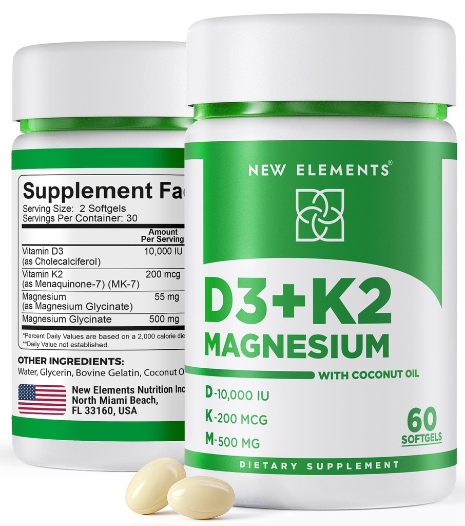 Nové prvky Vitamin D3 K2 10 000 IU s Glycinátem Magnesium- 500 mg - Zdraví kostí, Imunitní podpora, Energie & Mood - Non- GMO, Gluten- Free, Sugar- Free Softgels pro ženy a muže (60 softgelů)