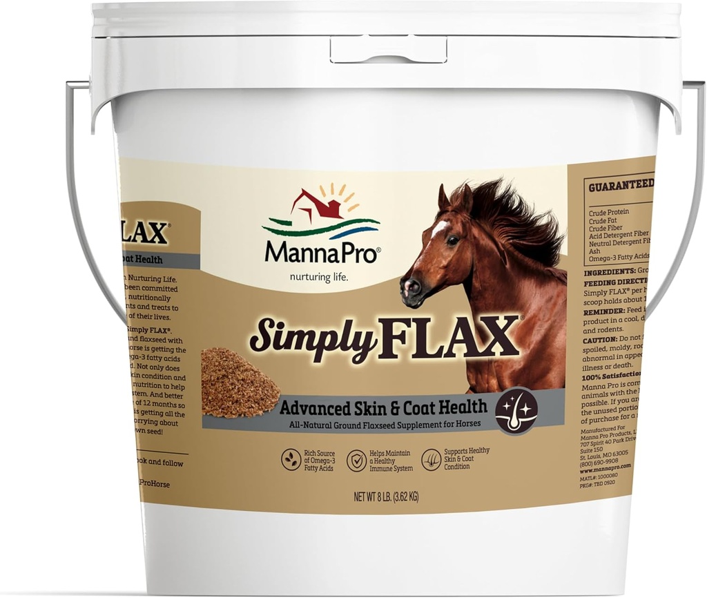Manna Pro Simply Flax for Horses - Omega33 Rich Flaxseed Supplement - Podporuje zdraví při srsti, společnou funkci a imunitní systém - Přírodní zdroj esenciálních mastných kyselin - Ground Flax - 8 liber Bag