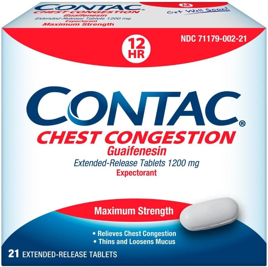 Contac Chest Congestion, Maximální síla Expectorant Ovládání kašel a tenké a Loosens Mucus, Extended Release Tablety, Guaifenesin 1200 mg, Extended Release Tablety, 21 Počet