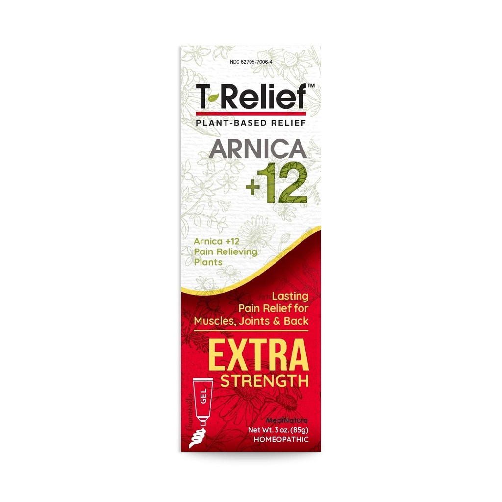 MediNatura T- Relief Extra Strength Gel Arnica + 12 Natural Relieving Agents for Back Pain Joint Soelth Aches & Stiffness Cell Body Fast Relief for Women & Men - 3 oz