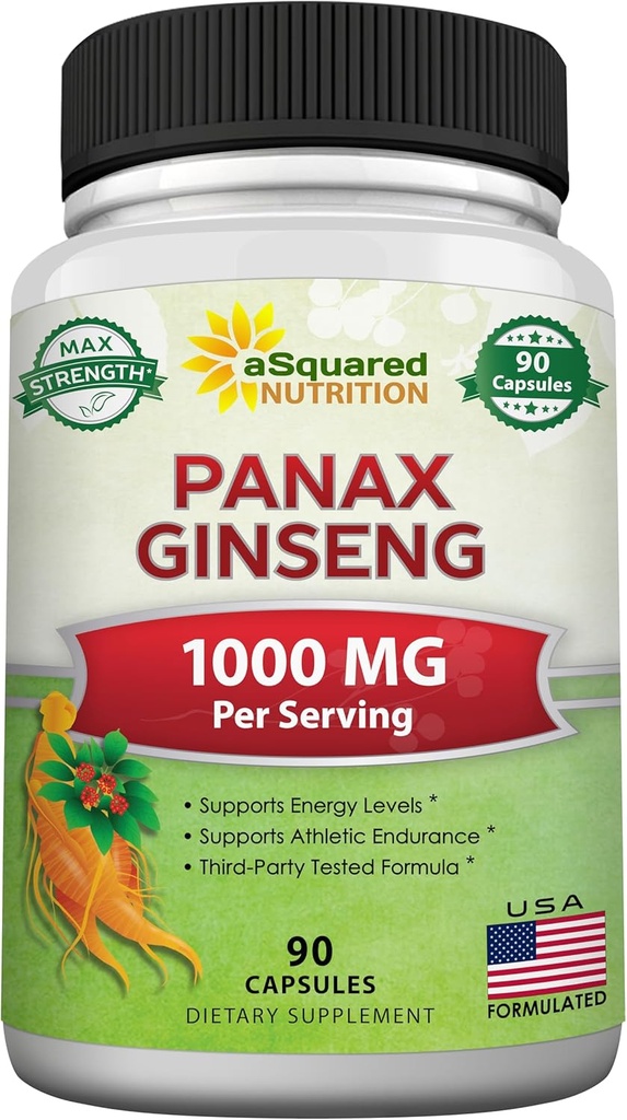 aSquared Nutrition Natural Korean Panax Ginseng (1000mg Max Strength) -90 Kapsle Root Extract Complex (Red & White), High Dávkování Ginsenosids in Seeds, Asian Powder Supplement, Tablet Pills for Energy