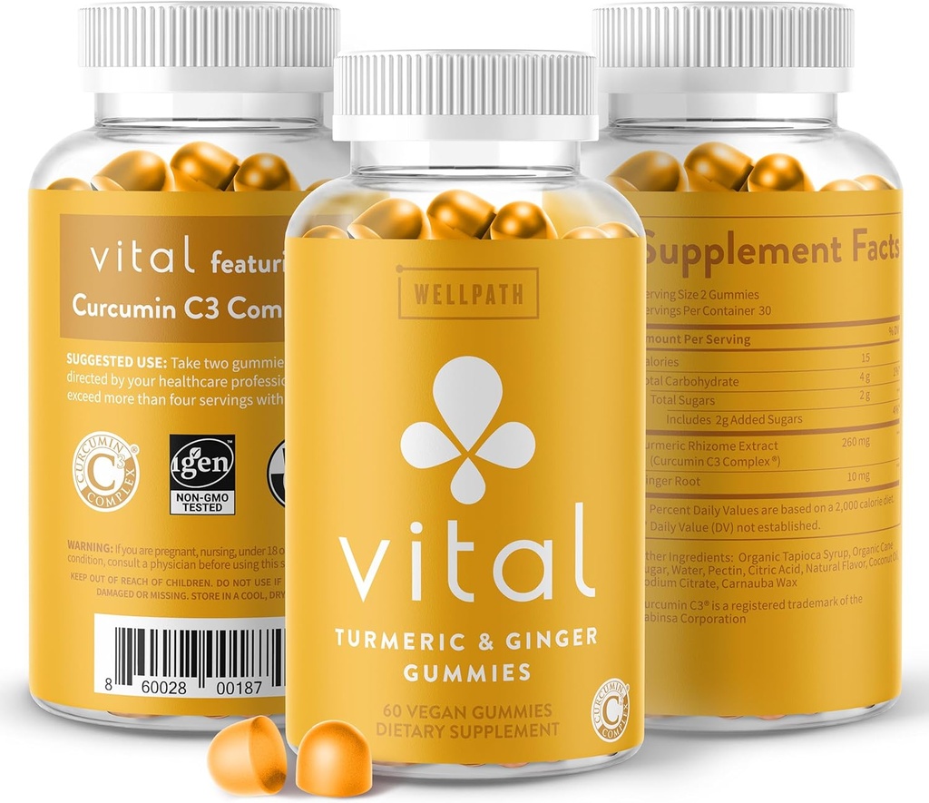 WellPath Vital Kurkumin + Zázvor - Společná podpora Kurkumin dodatek, Kurkumin C3 komplex, Chutné Alternativa k kapslím, Kurkuma & Zázvor Kořen, Tropické Žvýkačky, Vegan, 60 Ct