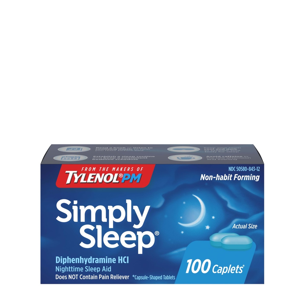 Tylenol Simple Sleep Nighttime Sleep Aid Caplet, 25 mg Difenhydramine HCl, Non- Habit Forming Sleep Aid pro dospělé, 100 Počet
