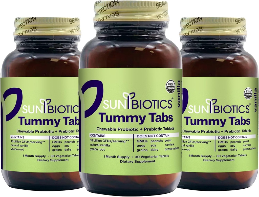 SUNBIOTIC Tummy Tabs - Chewable Probiotic and Prebiotic Tablets with 18 Billion CFU of 4 Probiotic Strains for Good Gut Flora, Imunitary System, & Balanced Microbiome - Vanilla, (Balení po 3)