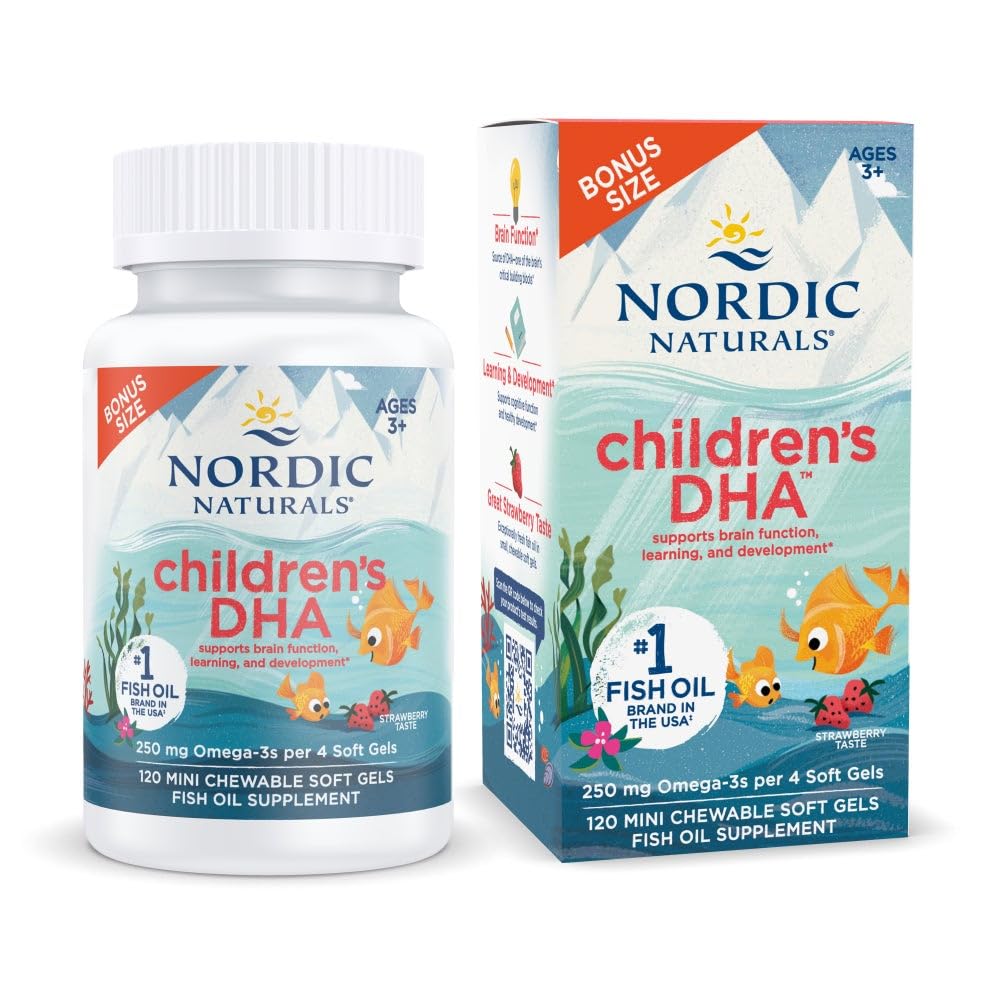 Nordic Naturals Children 's DHA, Strawberry - 120 Mini Žvýkací měkké gely pro děti - 250 mg Omega33 s EPA & DHA - Vývoj mozku a funkce - Non- GMO - 30 Služeb