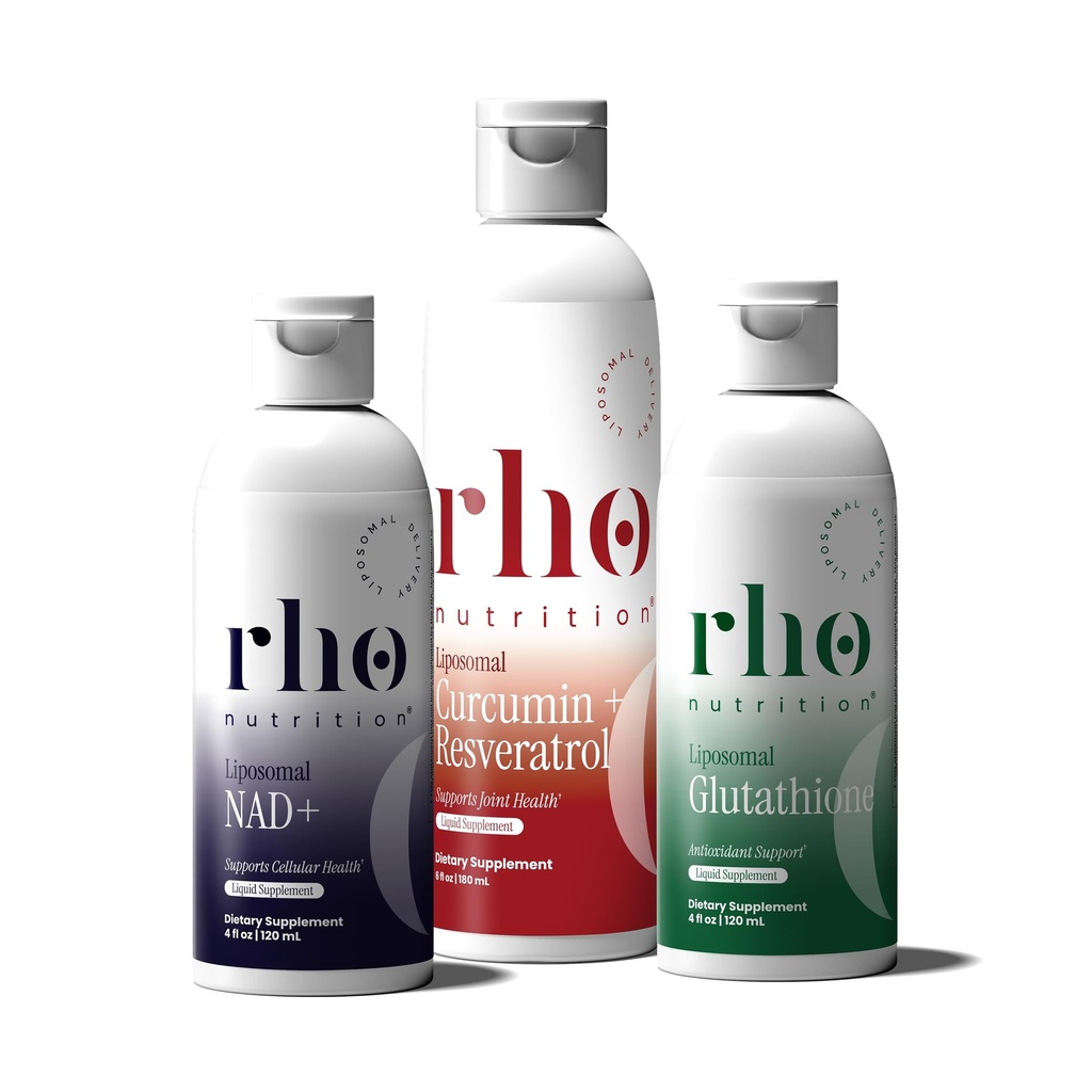 Rho Nutrition - Cellular Health Essentials Bundle - Tekuté Lipozomální doplňky pro zdravé stárnutí a buněčnou podporu - NAD +, Curcumin + Resveratrol, & Glutathione (3 Pack)