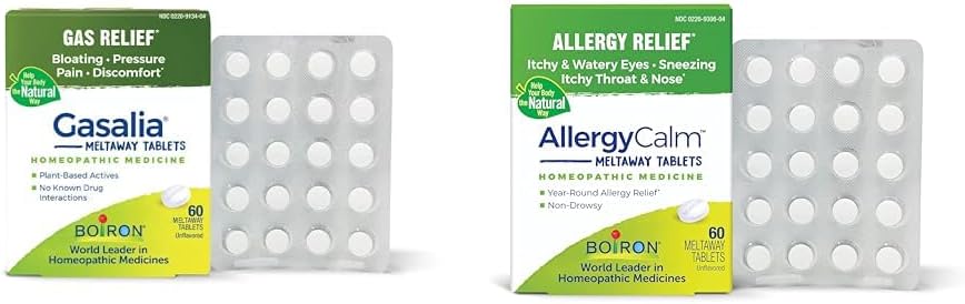 Boiron Gasalia tablety 60 Počet a AllergyCalm tablety 60 Počet pro úlevu od plynu, nafouknutí, alergie, a Hay horečka