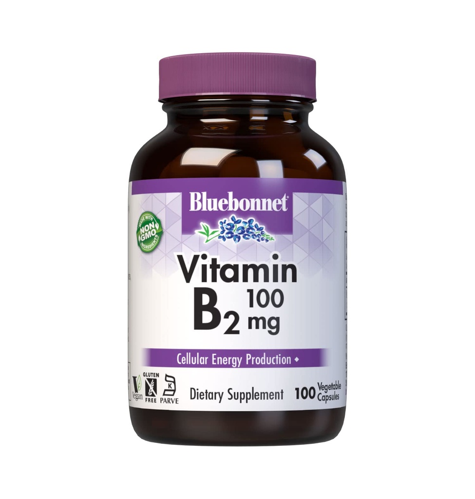 Bluebonnet Nutrition Vitamin B2 100 mg, Pro kardiovaskulární a nervový systém zdraví, Soy- Free, Gluten- Free, Kosher Certified, Dairy- Free, Vegan, Non- GMO, 100 Zeleninové kapsle, 100 Služeb