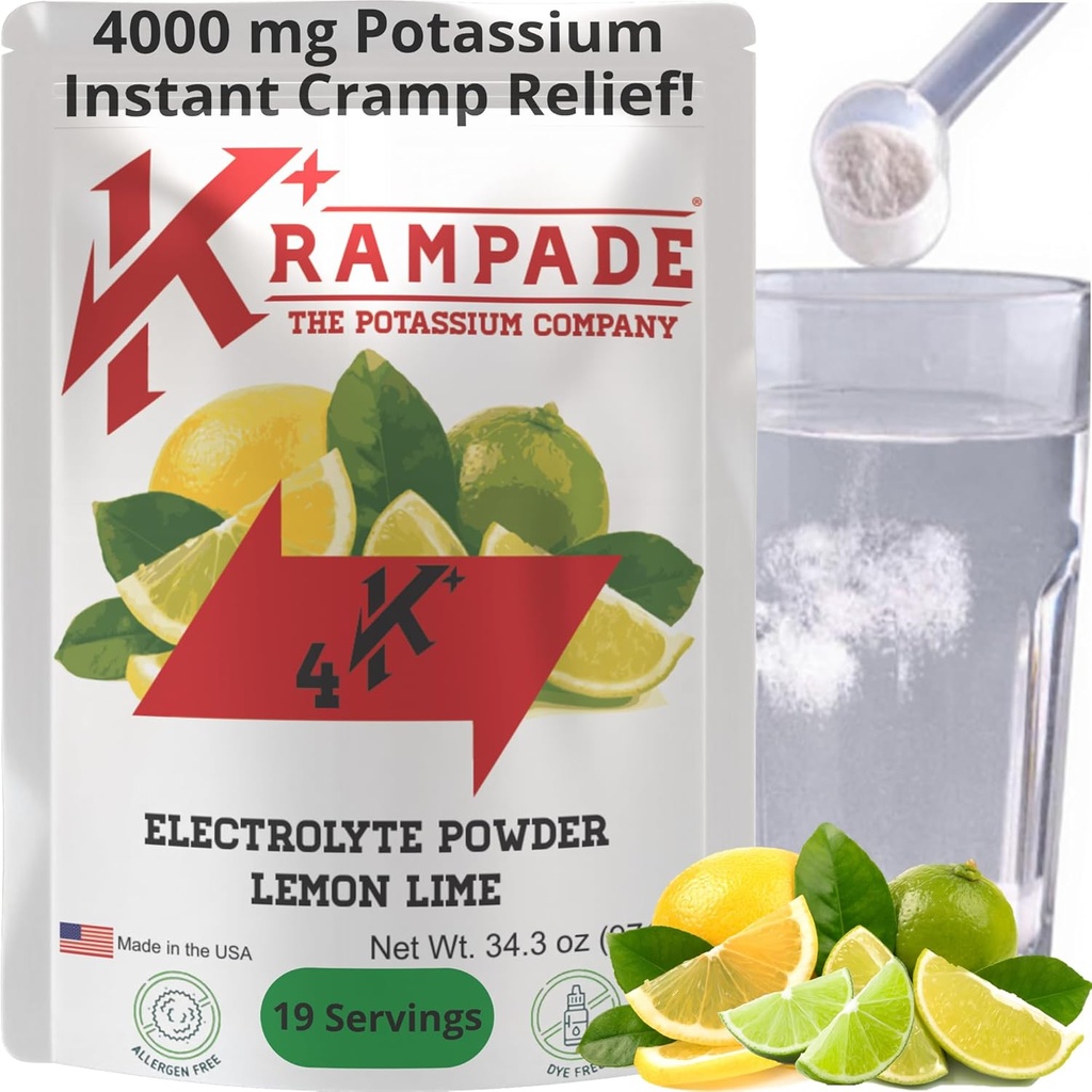 Krampade Original Lemon Lime 4K, 4000 mg Draslík Okamžitá křeč Relief Electrolyte Drink Powder 124; Určeno pro atletiky a Crampers Rum124; 19-Serving Resealable Pouch