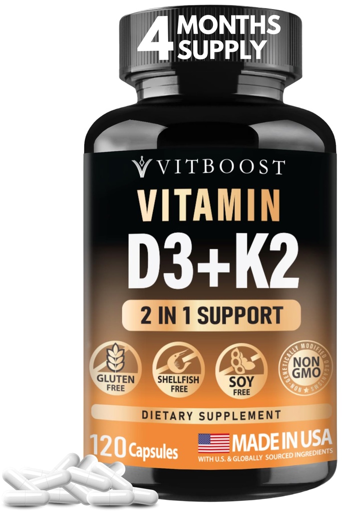 VITBOOST Vitamin D3 K2 Complex - Snadné spolknutí - Vitamin D (D3) 5000 IU (125 mcg) & K2 (MK- 7) 90 mcg Vitamin D3 K2 Complex - Snadné spolknutí - Vitamin D (D3) 5000 IU (125 mcg) & K2 (MK- 7) 90 mcg Sb 124; Non- GMO Sb 124; Gluten- Free Sb 124; USA Made Sb 124; 120 Kapsle