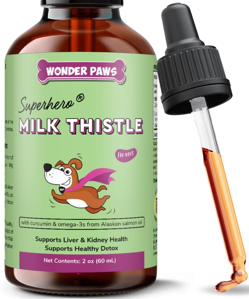 Wonder Paws Milk Thistle, Podpora jater pro psy, Podporuje funkci ledvin pro zvířata v zájmovém chovu, Detox, Jaterní podpora, s Wild Alaskan Salmon Oil & Curcumin, Omega 3 EPA & DHA (2 Oz)