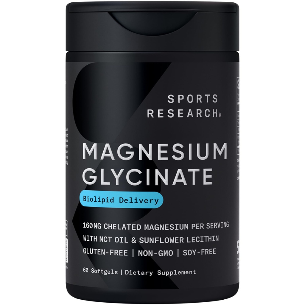 Sports Research ® Magnesium Glycinate - Podporuje restful Sleep & Enzymatic Processes - 160 mg Chelated Magnesium - Liquid Softgel - 60 Počet